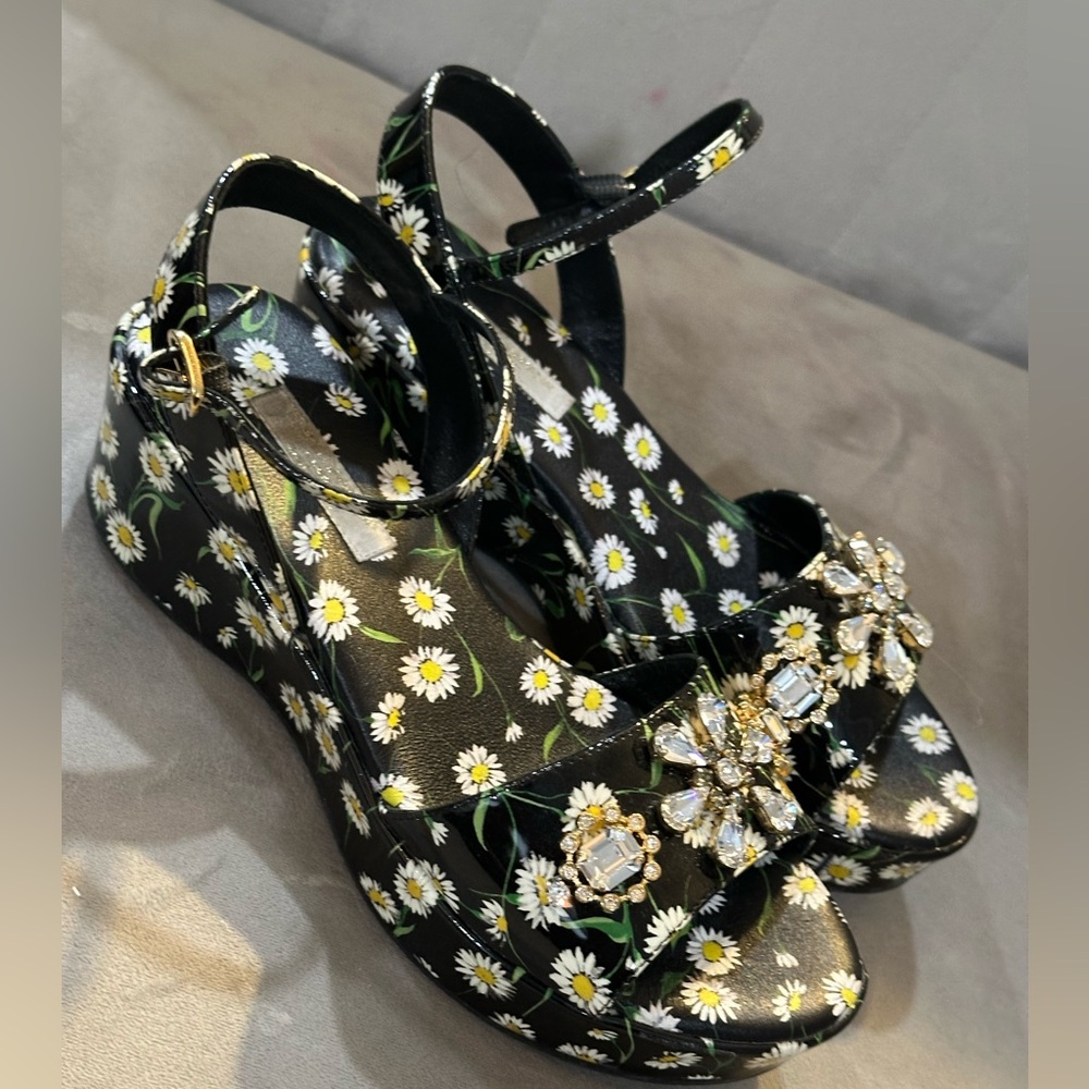 Dolce & Gabbana Floral Black Wedge Leather Sandals